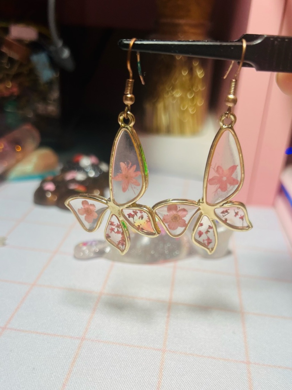 Gold-Trim Pink Floral Butterfly Drop Earrings